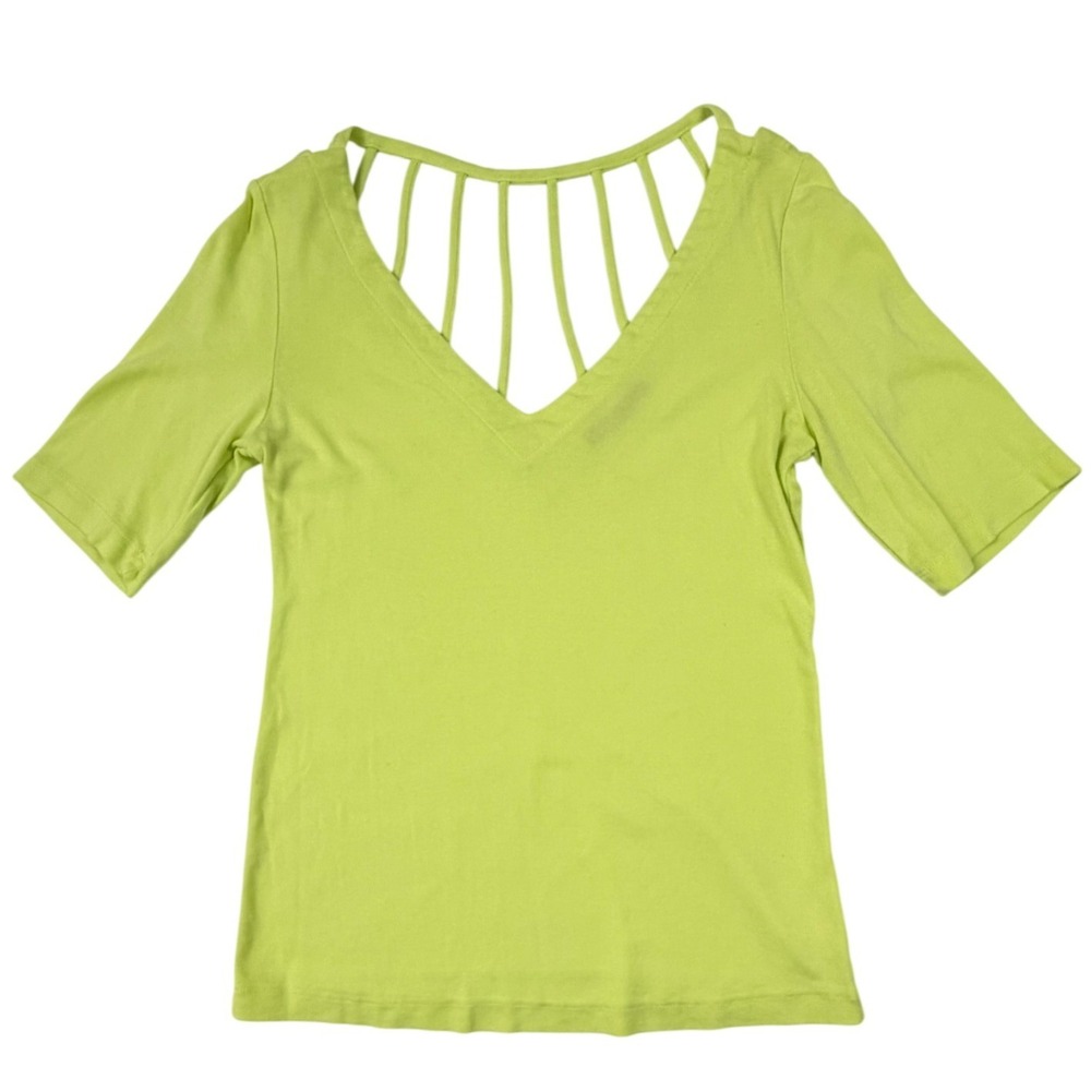 Barbara Lesser Lime Green V-Neck Caged Ladder Front Top Short Sleeve Small